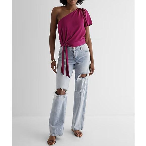 Express Women's Satin One Shoulder Tie Waist Top Bright Pink Size XS - NWT $64 - Picture 16 of 16